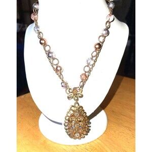 Art Nouveau Necklace Brass/Bronze Y Drop/Pendant & Glass Balls (2) 16”/2.5” Pend